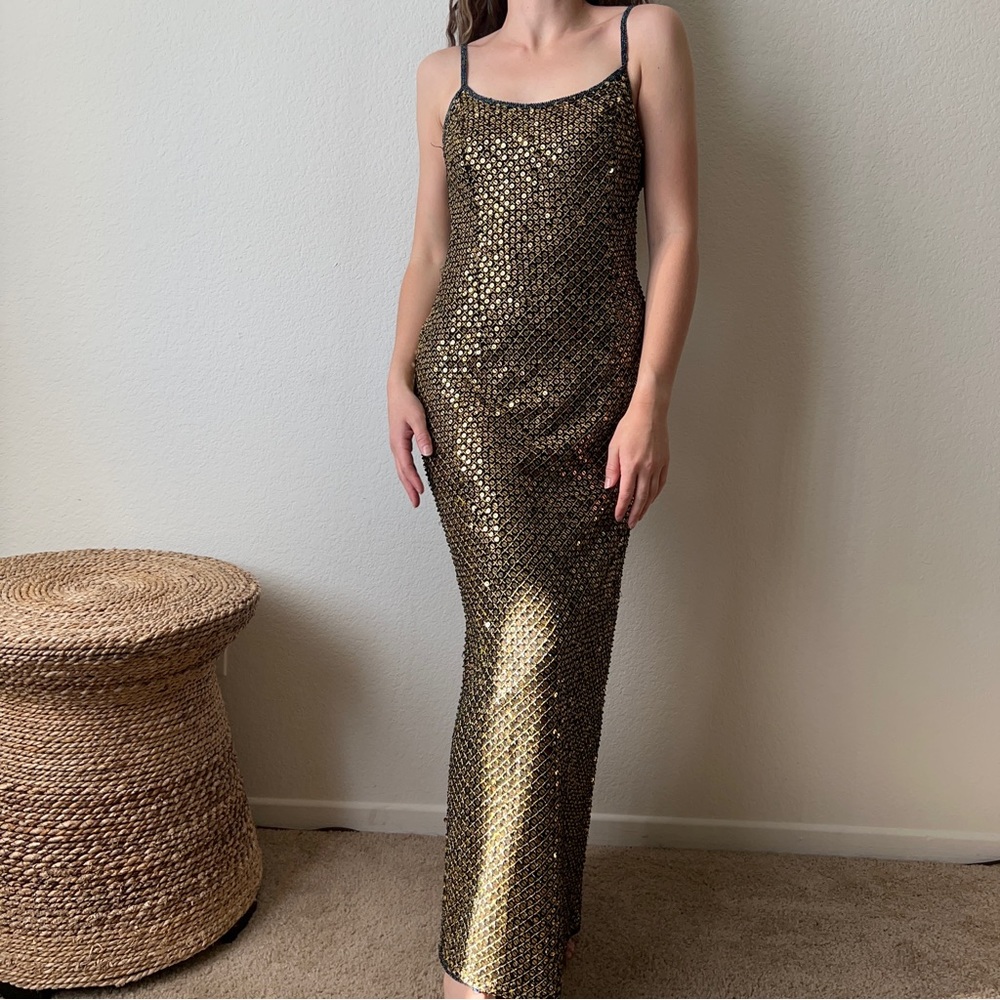 Papell Boutique Gold Sequin Maxi Dress